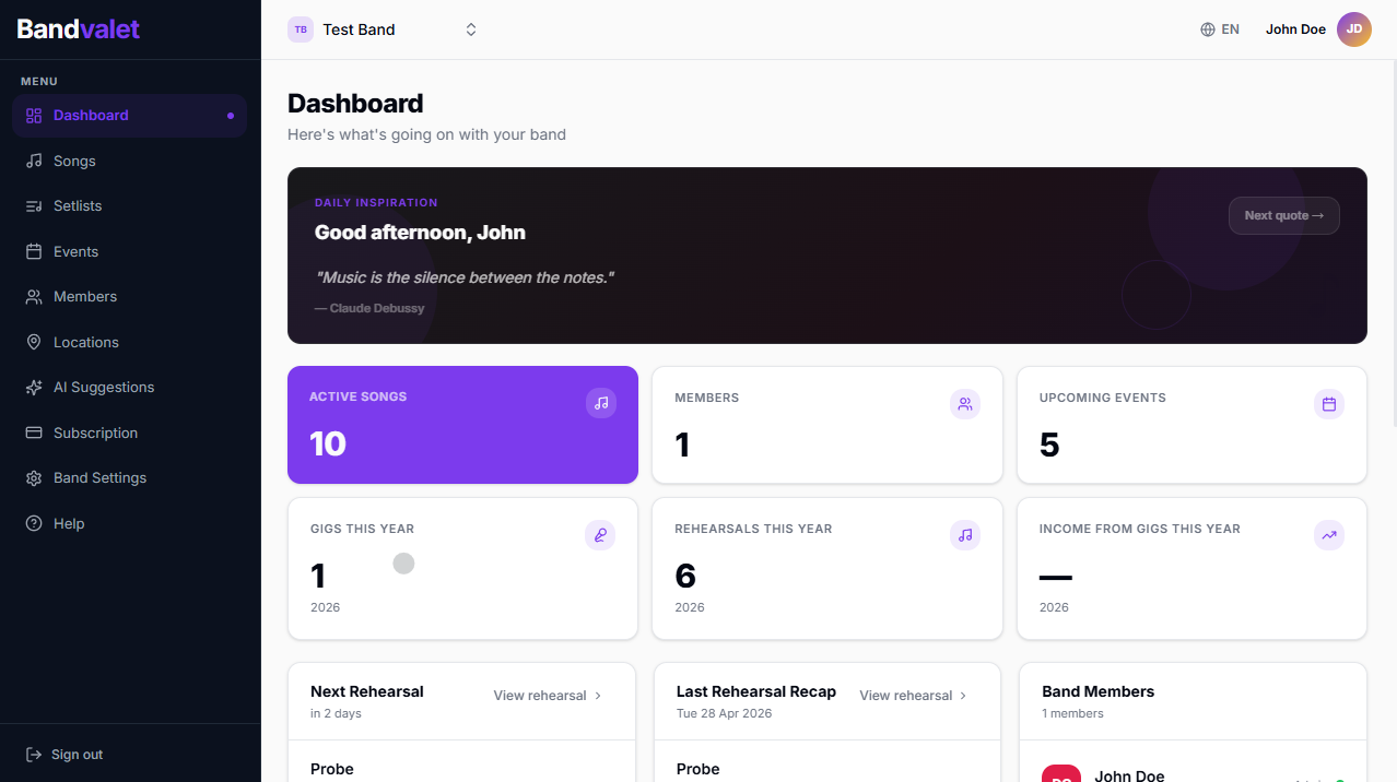 Bandvalet app – screen 1
